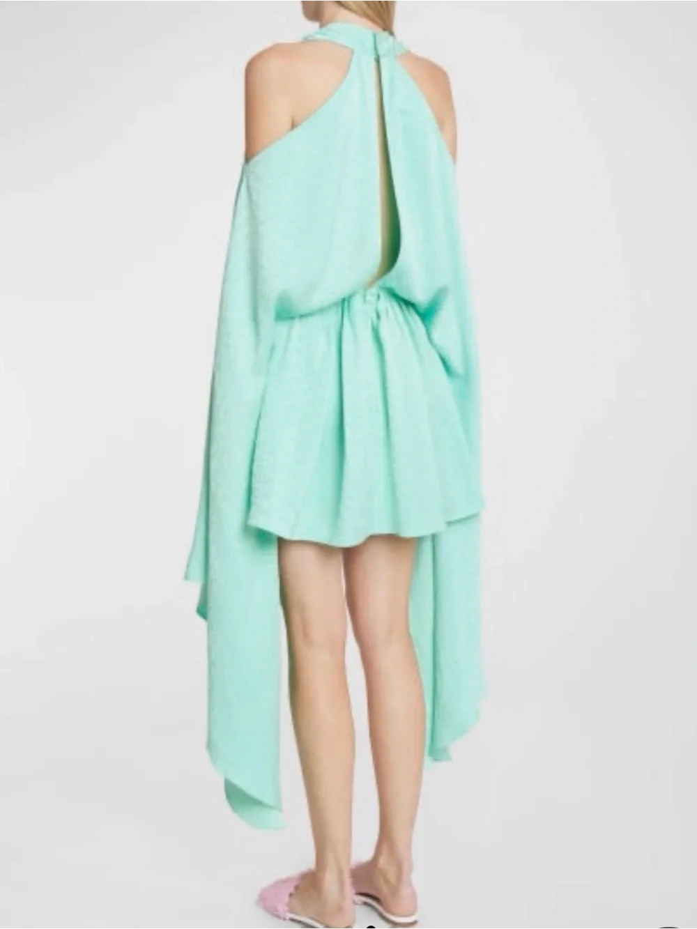 BALMAIN MONOGRAM CAPE-SLEEVE COLD-SHOULDER MINI KAFTAN DRESS SZ 34
